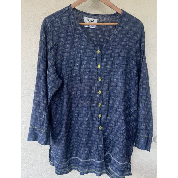 FLAX Tops - FLAX 100% Linen Blue Textured Top Button Down Women’s L Coastal Grandma Resort